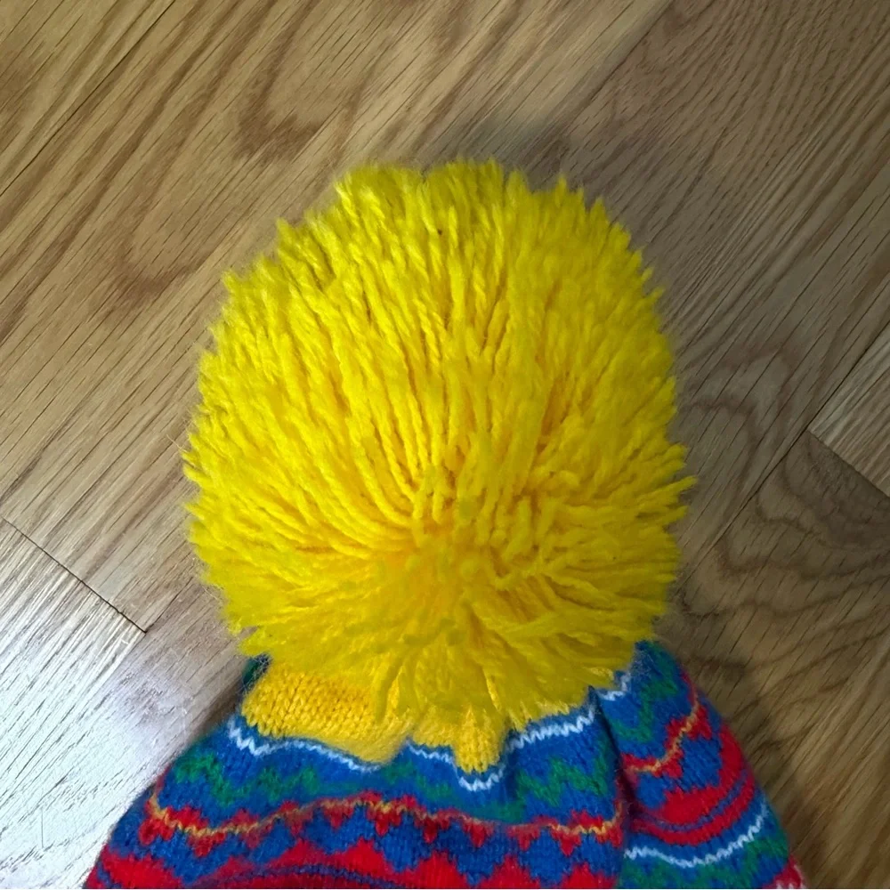 Vintage Beanie Pom Pom Knit Winter Hat Colorful Yellow Adult One Size - Picture 2 of 8